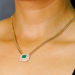 Emerald & Diamond Pendant Cuban Chain Necklace 14K Yellow Gold